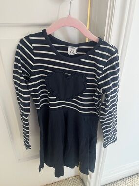 Polarn O. Pyret Navy and White Striped Heart Long-Sleeve Dress